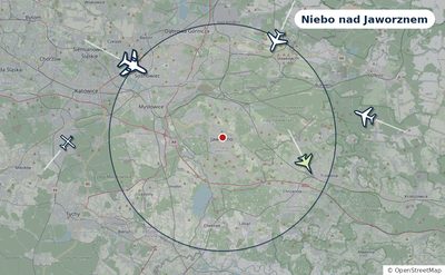 Mapa okolic miasta z sylwetkami samolotów — Niebo nad Jaworznem na żywo