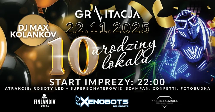 Grafika promocyjna wydarzenia 10. urodziny Klubu Gravitacja Jaworzno — noc jubileuszowa