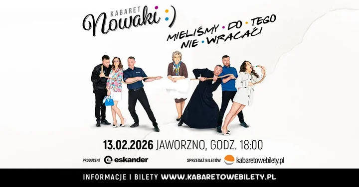 Obrazek przedstawia grafikę promocyjną wydarzenia Kabaret Nowaki w Jaworznie — występ 13 lutego 2026