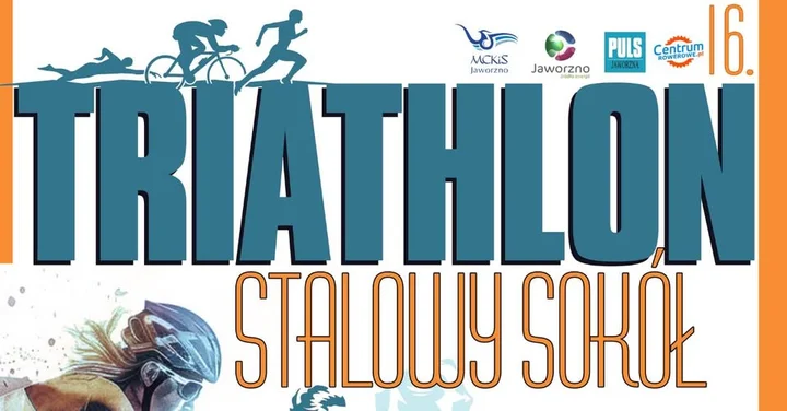 Obrazek przedstawia grafikę promocyjną wydarzenia Triathlon na Zalewie Sosina — krótszy dystans w Jaworznie