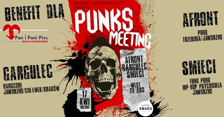 Grafika promocyjna wydarzenia Benefit na fundację „Pan i Pani Pies” w Jaworznie: Gargulec, Afront i Śmieci