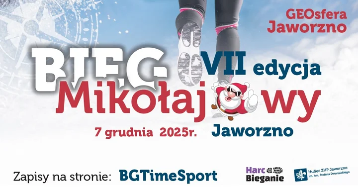 Grafika promocyjna wydarzenia Bieg Mikołajowy 2025 — GEOSFERA Jaworzno, 7 grudnia