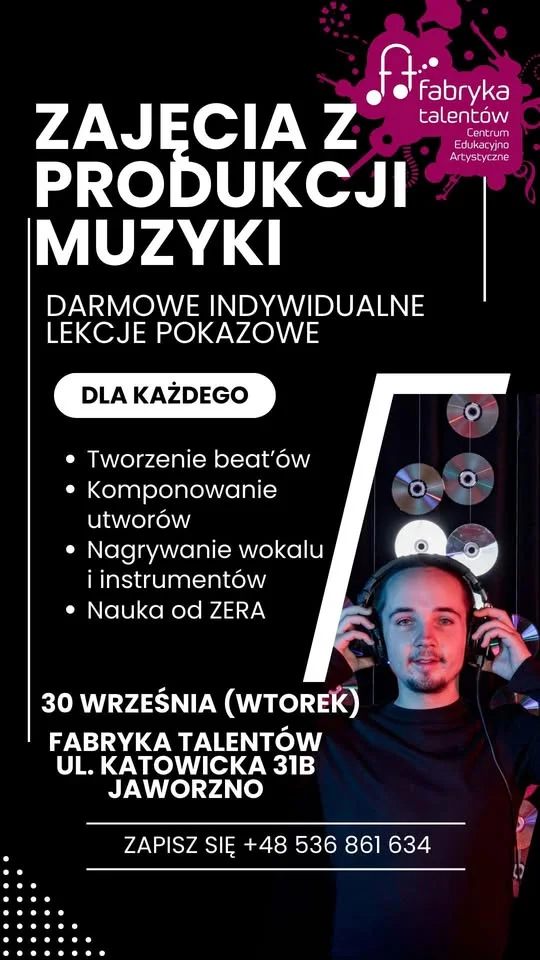 Obrazek przedstawia grafikę promocyjną wydarzenia Darmowe lekcje pokazowe z produkcji muzycznej w Jaworznie