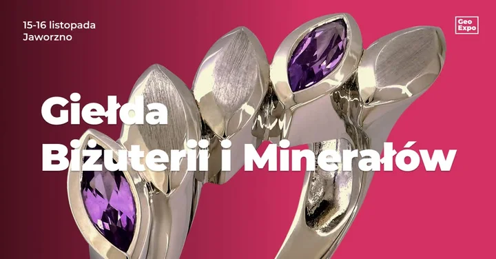 Obrazek przedstawia grafikę promocyjną wydarzenia Giełda biżuterii, minerałów i skamieniałości w Jaworznie — listopad