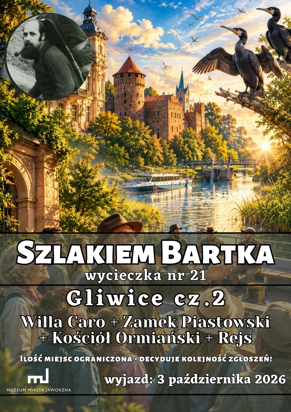 Grafika promocyjna wydarzenia Gliwice na Szlaku Bartka – historia, elegancja i rejs w rytmie szant – wycieczka nr 21