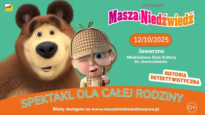 Obrazek przedstawia grafikę promocyjną wydarzenia Spektakl familijny: Masza i Niedźwiedź w Jaworznie — przedstawienie detektywistyczne