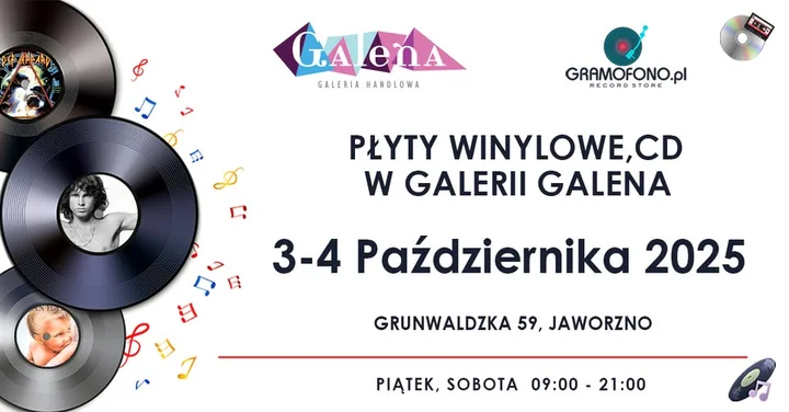 Obrazek przedstawia grafikę promocyjną wydarzenia Wiosenna giełda płyt winylowych i CD w Galerii Galena