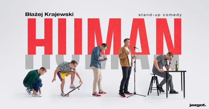 Obrazek przedstawia grafikę promocyjną wydarzenia Błażej Krajewski w Jaworznie z programem Human — stand-up na żywo