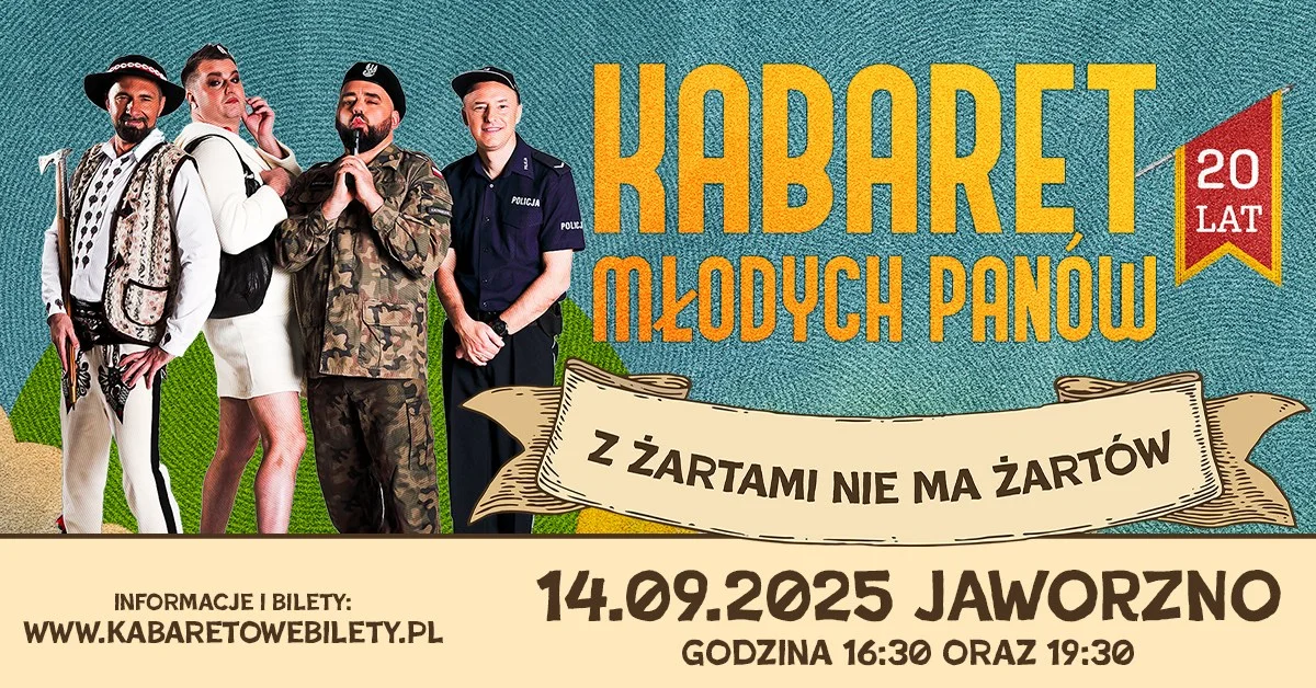 Grafika promocyjna wydarzenia Kabaret Młodych Panów świętuje 20 lat działalności w Jaworznie
