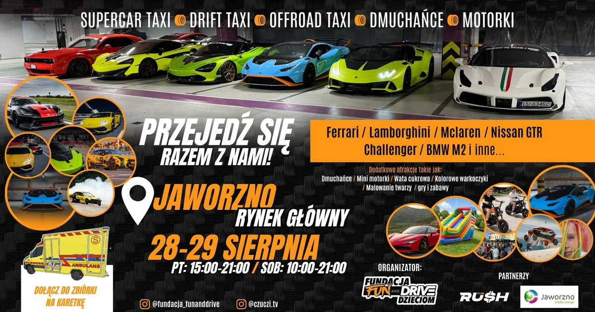 Grafika promocyjna wydarzenia Przejedź się Ferrari, Lamborghini, McLaren, GTR, Challenger, BMW – Jaworzno: motoryzacyjna akcja