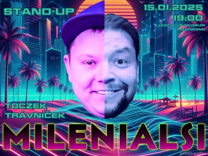 Obrazek przedstawia grafikę promocyjną wydarzenia Stand-up w Jaworznie: Toczek i Travnicek — 5 maja 2025