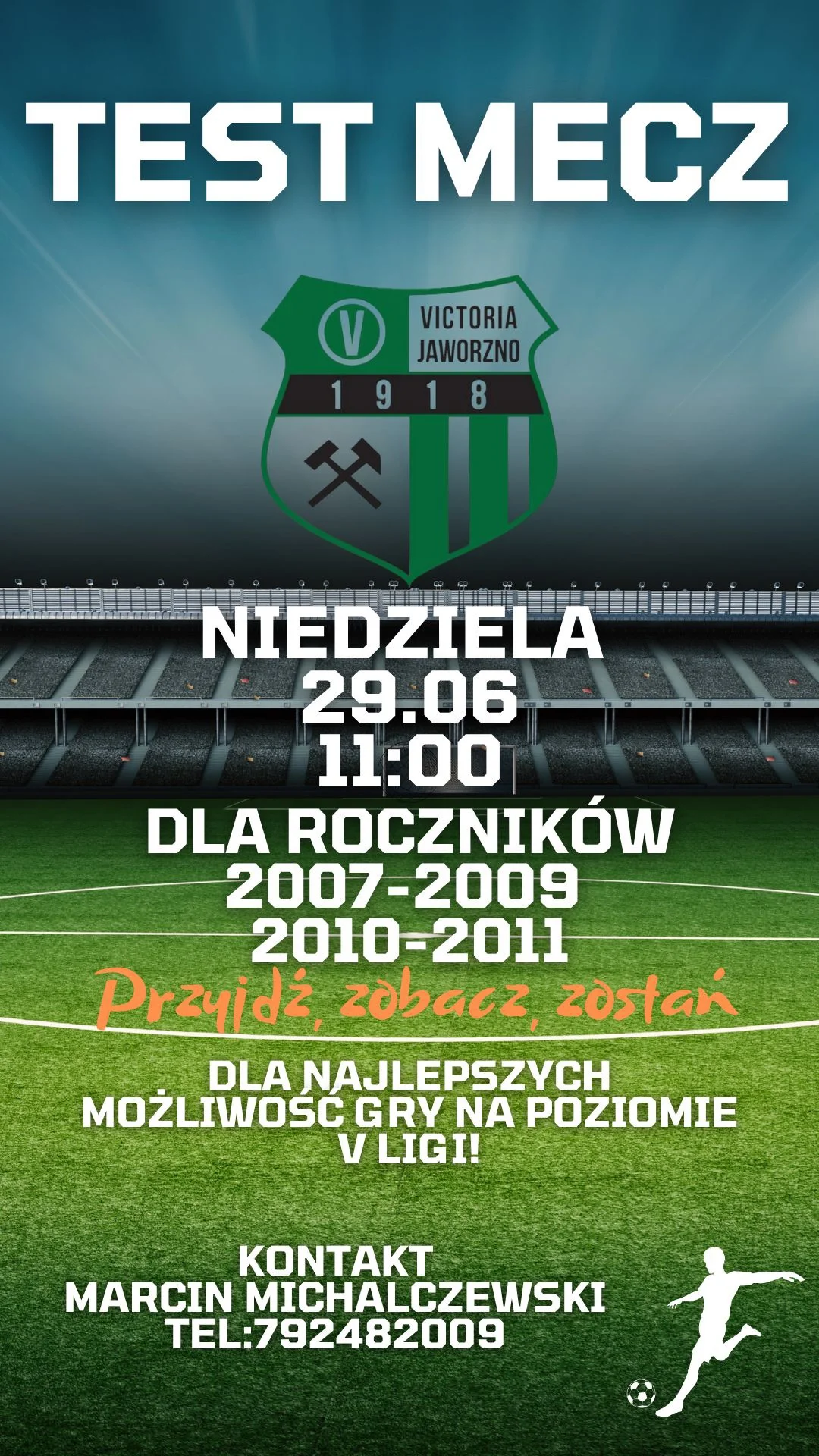 Grafika promocyjna wydarzenia Testy do młodzieżowych grup piłkarskich GKS Victoria Jaworzno