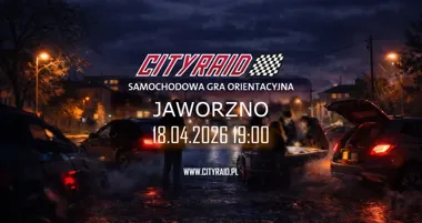 Grafika promocyjna wydarzenia CITYRAID Jaworzno: samochodowa gra orientacyjna z nagrodami