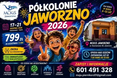 Grafika promocyjna wydarzenia PÓŁKOLONIE JAWORZNO 2026 – taneczna i akrobatyczna wakacyjna przygoda dla dzieci