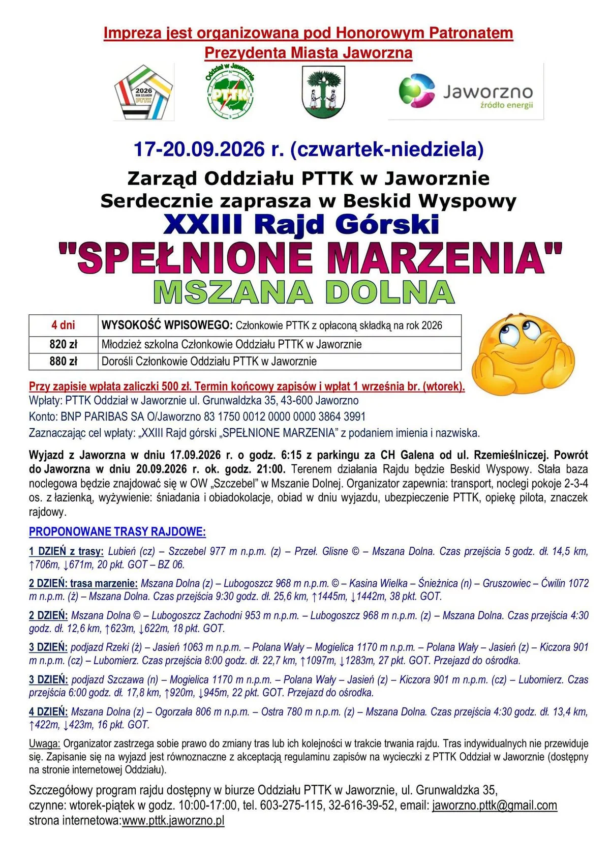 Grafika promocyjna wydarzenia XXIII Rajd Górski „Spełnione Marzenia” – Beskid Wyspowy: górska wyprawa