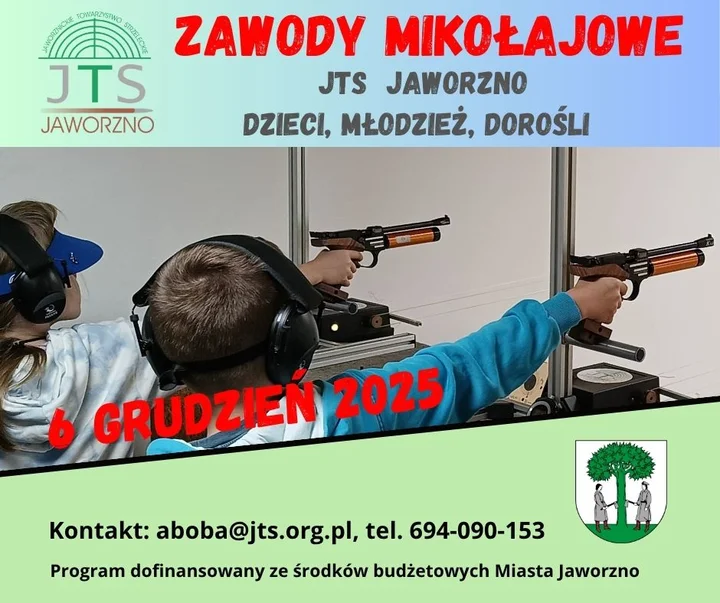 Grafika promocyjna wydarzenia Zawody Mikołajowe JTS Jaworzno 2025 — strzelanie dla dzieci, młodzieży i dorosłych